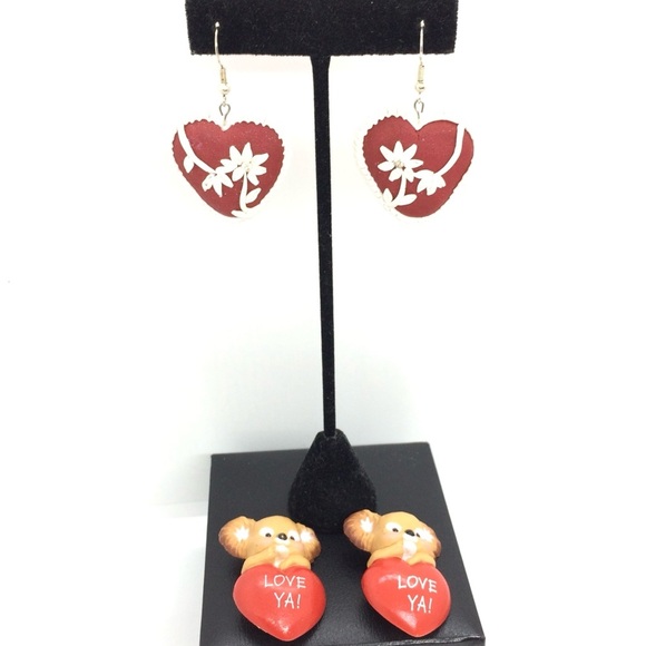 3/$30 VINTAGE CLAY HEART EARRINGS SILVER BEAR BROOCH PIN HALLMARK LOT VALENTINE - Picture 4 of 15